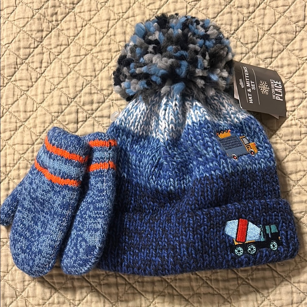 The Children's Place Construction Trucks Blue Knit Hat & Gloves Small